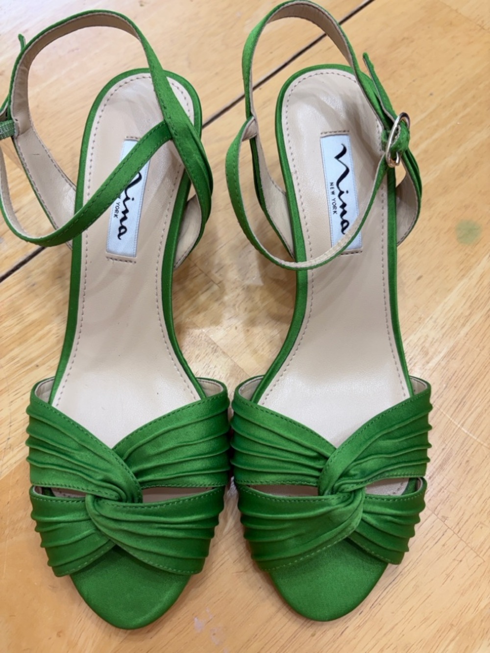 Nina Green Satin Knotted Open-Toe Ankle-Strap Heels